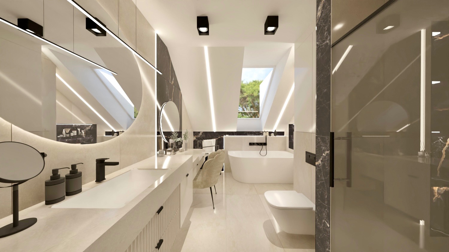 Nowoczesna łazienka na poddaszu z oknem dachowym, białymi meblami, czarnymi akcentami marmuru i okrągłym lustrem z podświetleniem LED.