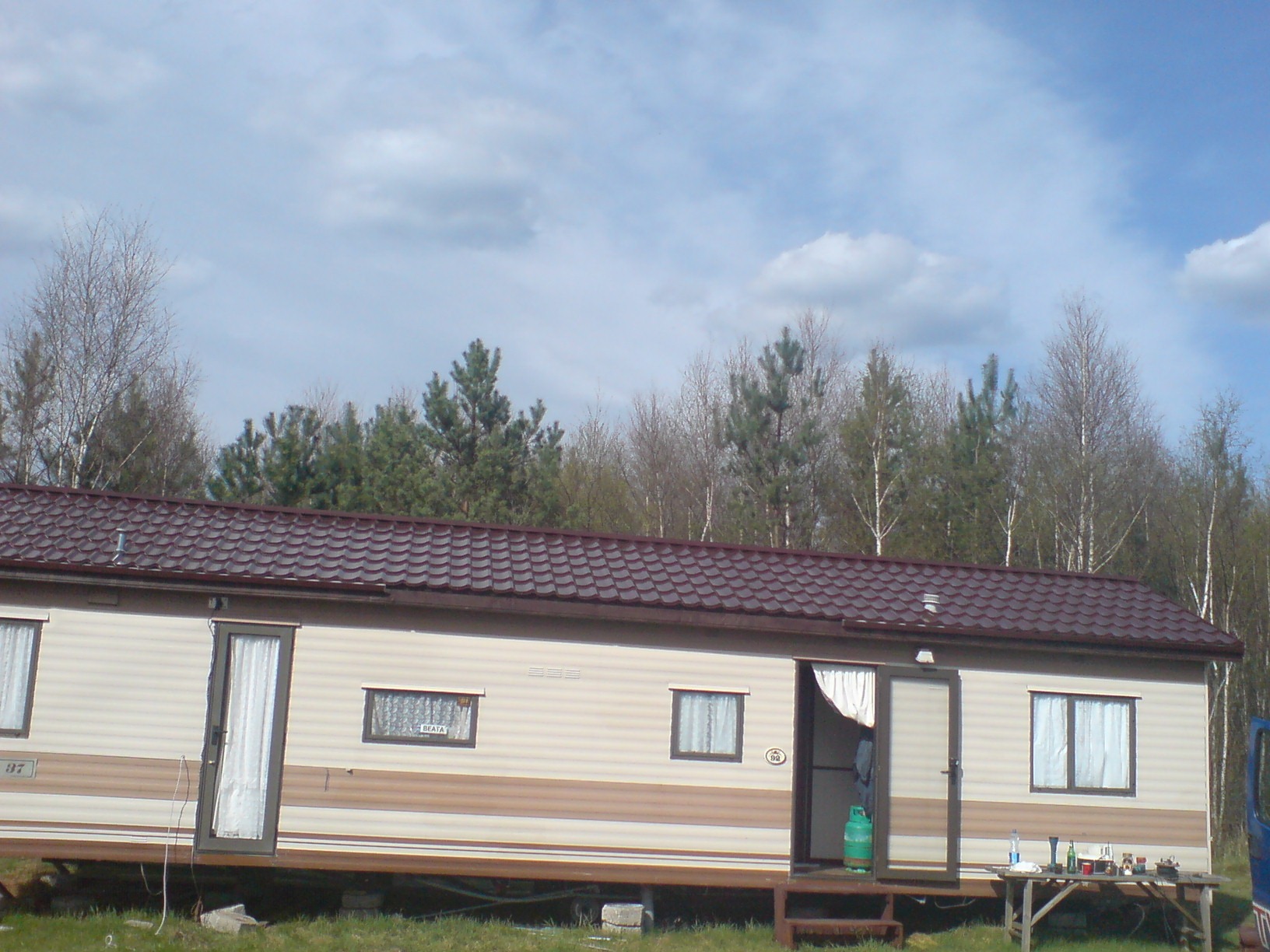Dom mobilny z brązowym dachem z blachodachówki na tle lasu i pochmurnego nieba. Widoczna butla gazowa przy wejściu i stół z naczyniami na zewnątrz.