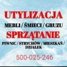 Ogłoszenie o utylizacji mebli, śmieci i gruzu, obejmujące opr&oacute;żnianie piwnic, strych&oacute;w, mieszkań i działek, z podanym numerem telefonu.