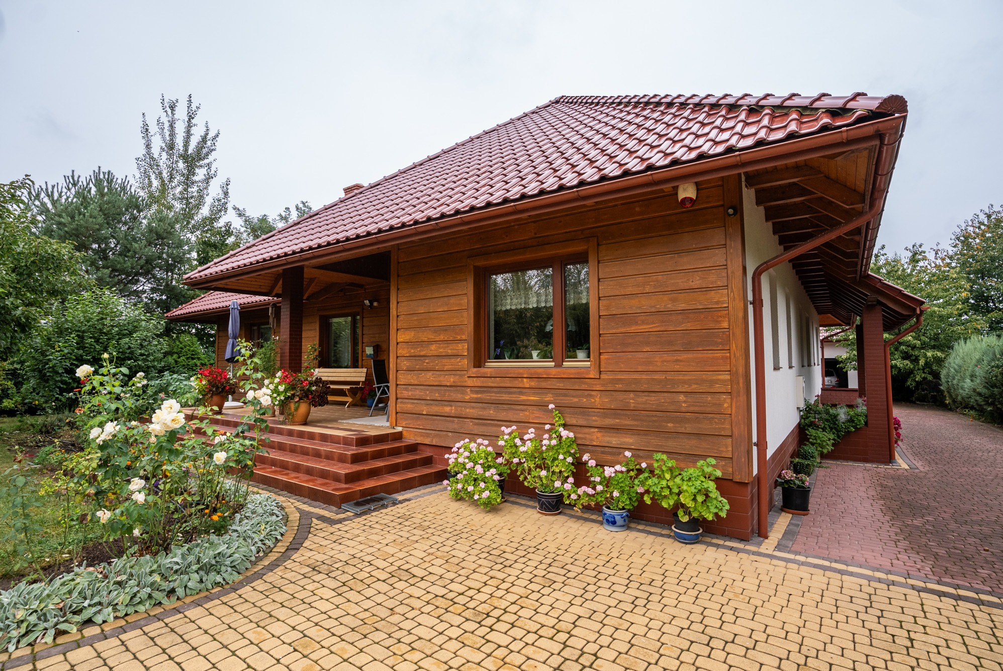 Ujęcie z zewnątrz domu jednorodzinnego z brązową drewnianą elewacją, czerwoną dachówką, oraz ogrodem z różami i kostką brukową w odcieniach żółci i brązu.