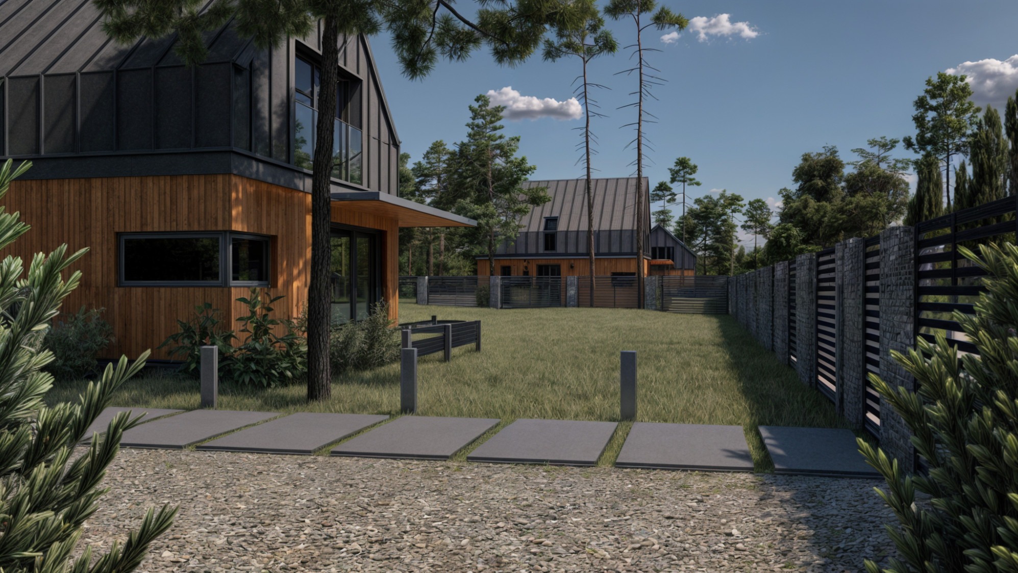 Nowoczesny dom z drewnianą elewacją i ciemnym dachem, widok z zewnątrz na zadbany ogród i kamienną ścieżkę