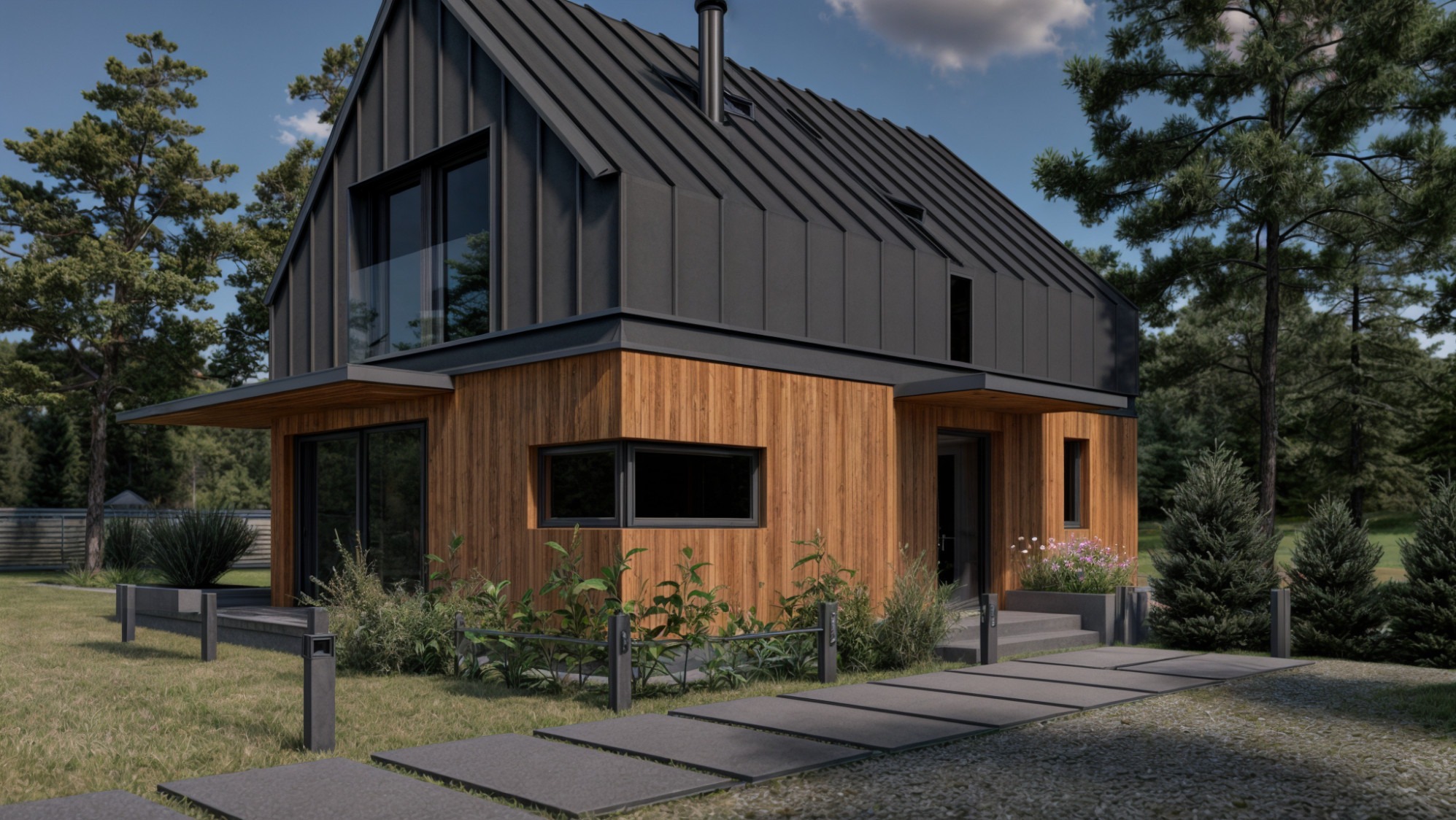 Nowoczesny dom jednorodzinny z drewnianą elewacją i czarnym dachem z blachy na tle zielonego ogrodu.