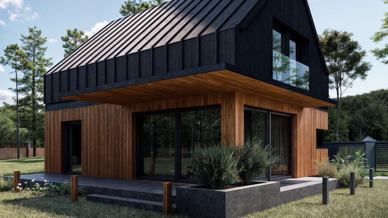 Nowoczesny dom jednorodzinny z drewnianą elewacją i czarnym dachem, otoczony zielenią, widok z zewnątrz na taras z roślinami w betonowych donicach.