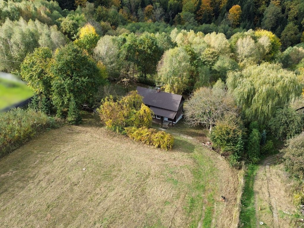Widok z lotu ptaka na mały, drewniany dom z brązowym dachem, otoczony drzewami w jesiennych barwach i rozległym polem z widoczną ścieżką.