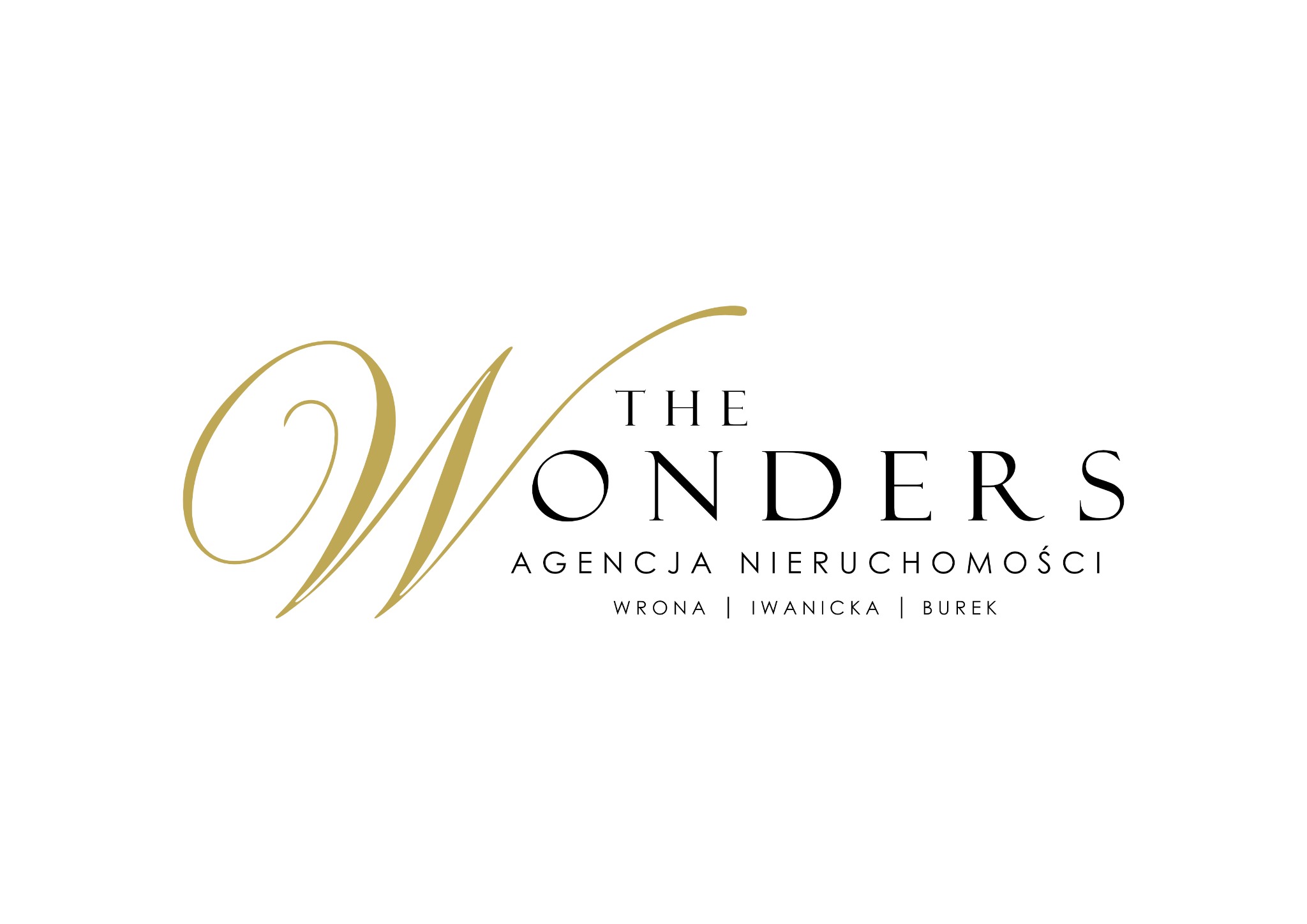 Logo firmy The Wonders Agencja Nieruchomości z charakterystycznym, złotym, kaligraficznym 'W' na białym tle, pod nim nazwa firmy i nazwiska: Wrona, Iwanicka, Burek.