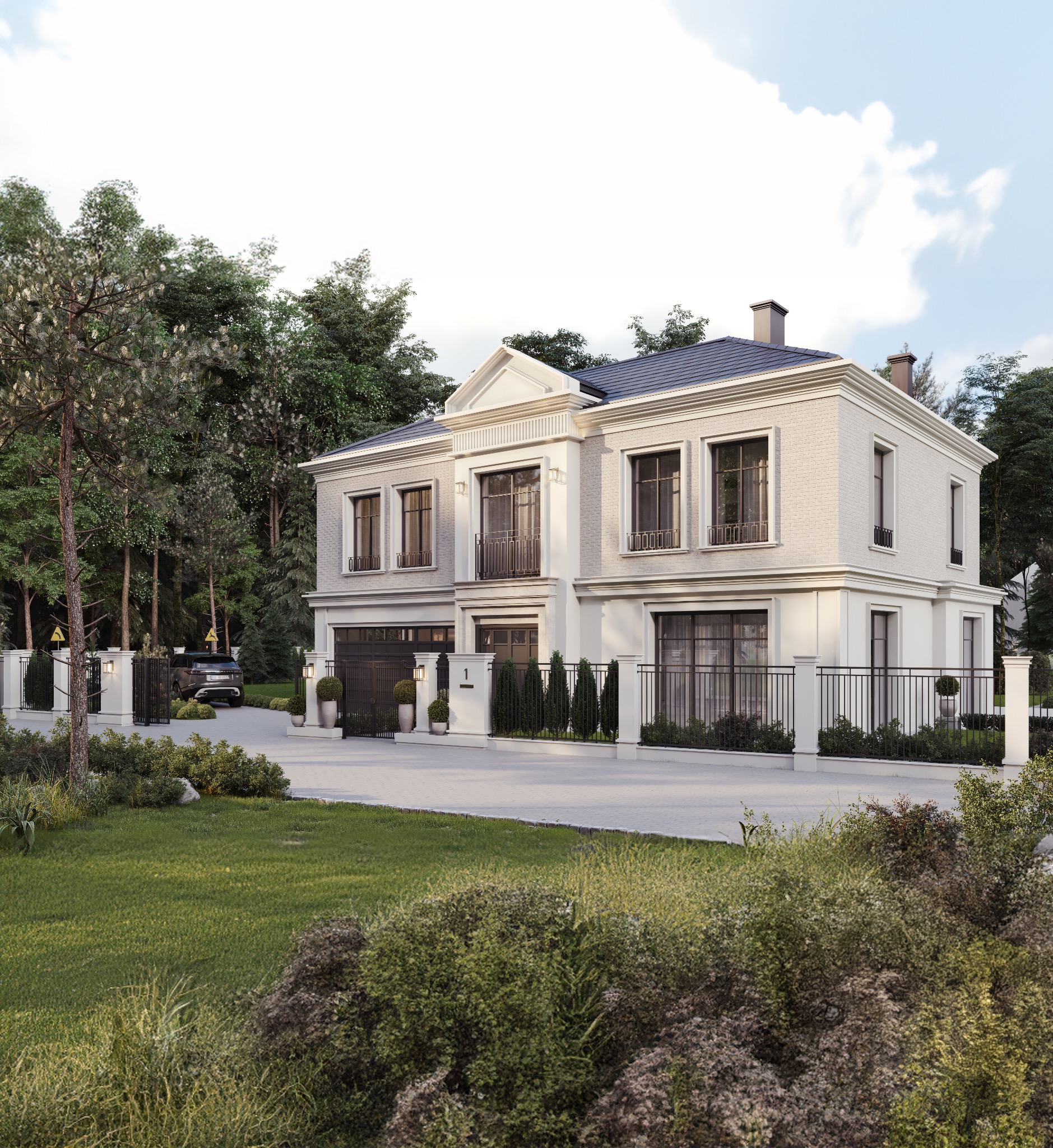 Elegancki, dwupiętrowy dom z jasnej cegły z ciemną dachówką, otoczony zadbanym ogrodem z niskimi drzewkami i krzewami, widoczny przez czarne, metalowe ogrodzenie. Na podjeździe zaparkowany ciemny SUV.