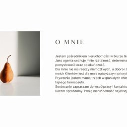 Good Life Estates - Zdjęcie przedstawia gruszkę stojącą na białej powierzchni, oświetloną bocznym światłem, obok tekstu o pośredniku nieruchomości Good Life Estates.