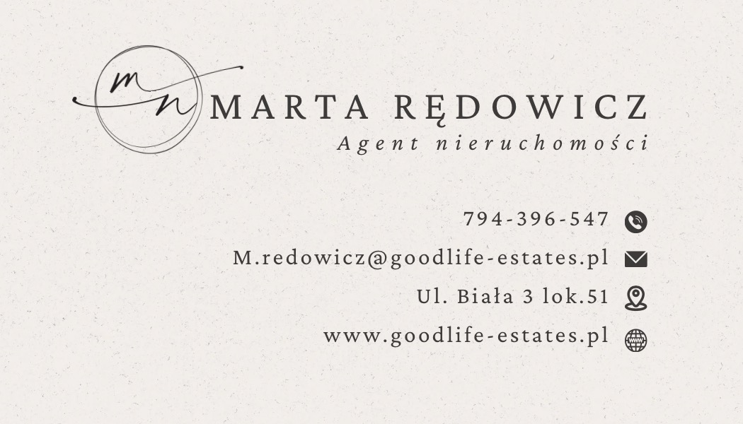 Wizytówka agenta nieruchomości Marta Rędowicz z logo, numerem telefonu, adresem email, adresem biura i adresem strony internetowej na kremowym tle.