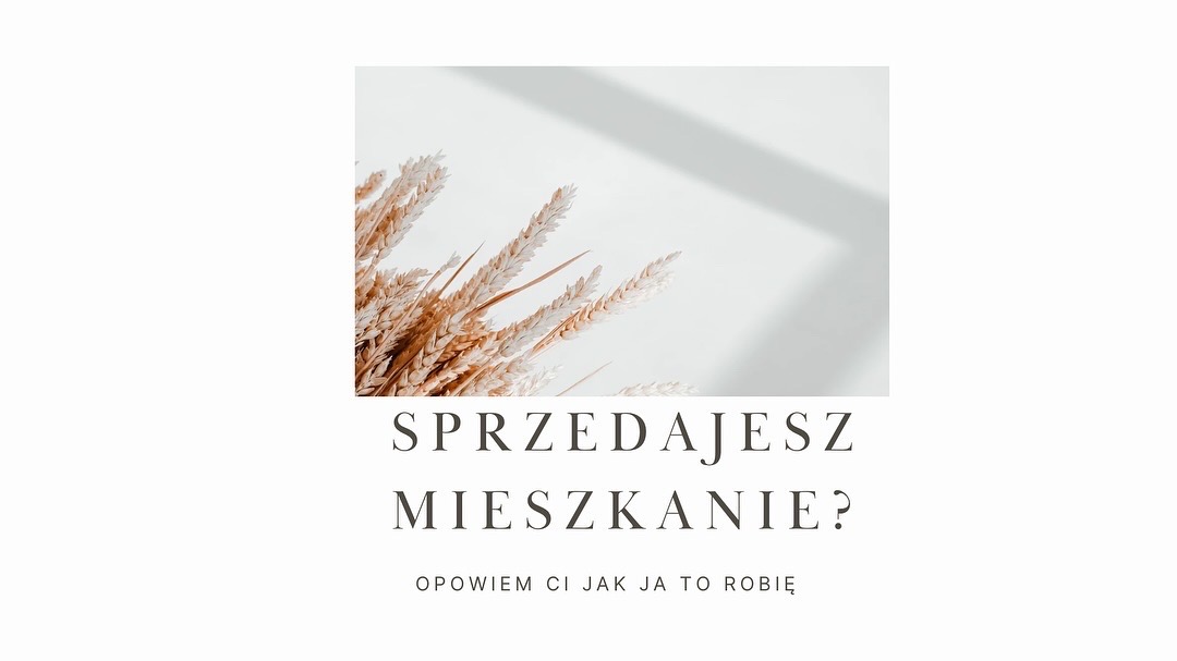 Kompozycja z suchych traw w rogu kadru, z tekstem 'Sprzedajesz mieszkanie? Opwoiem Ci jak to robię' na białym tle z cieniem.