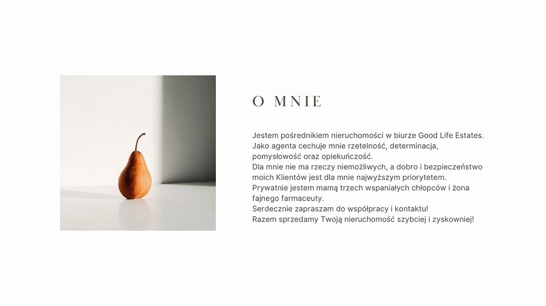 Zdjęcie przedstawia gruszkę stojącą na białej powierzchni, oświetloną bocznym światłem, obok tekstu o pośredniku nieruchomości Good Life Estates.