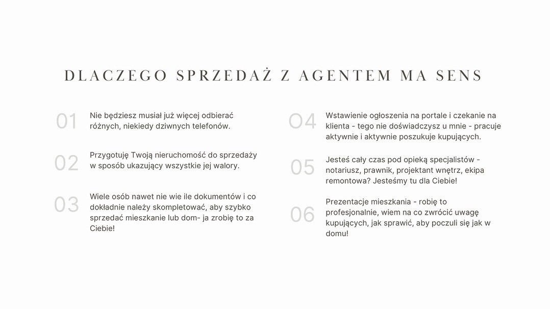 Infografika z hasłem 'Dlaczego sprzedaż z agentem ma sens' i listą korzyści, takich jak unikanie odbierania dziwnych telefonów, przygotowanie nieruchomości do sprzedaży, pomoc w skompletowaniu...