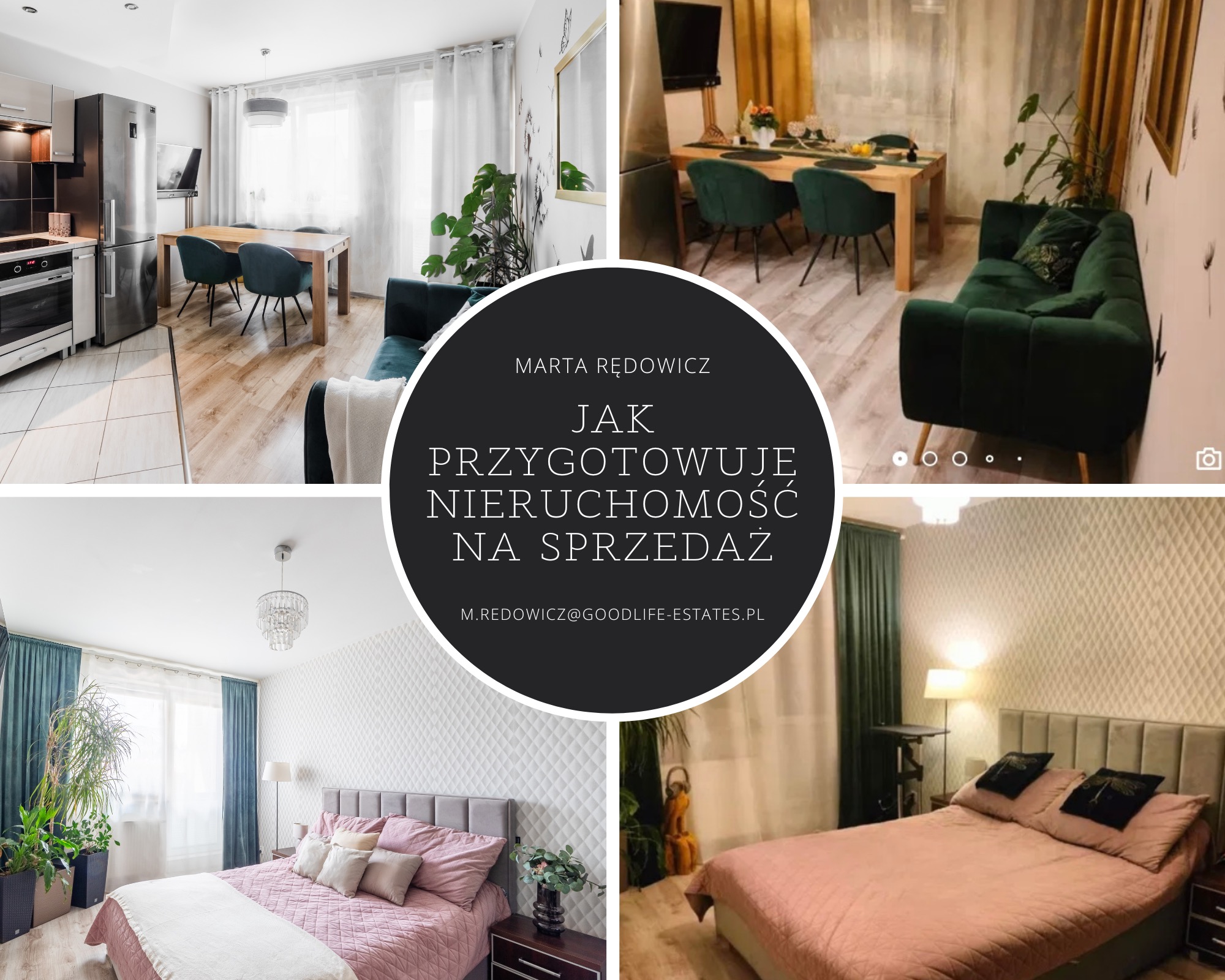 Kolaż przedstawiający cztery różne ujęcia wnętrz mieszkania: kuchnia z jadalnią, salon z zieloną sofą i dwie sypialnie z łóżkami w odcieniach różu, w centrum okrąg z tekstem 'Marta Rędowicz. Jak...
