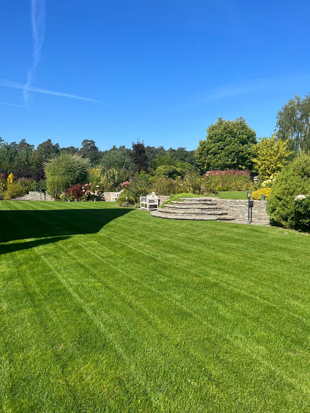 Rozległy, zadbany trawnik z wyraźnymi pasami po koszeniu, prowadzący do kamiennego murku z roślinami i białej ławeczki w tle, pod błękitnym niebem.