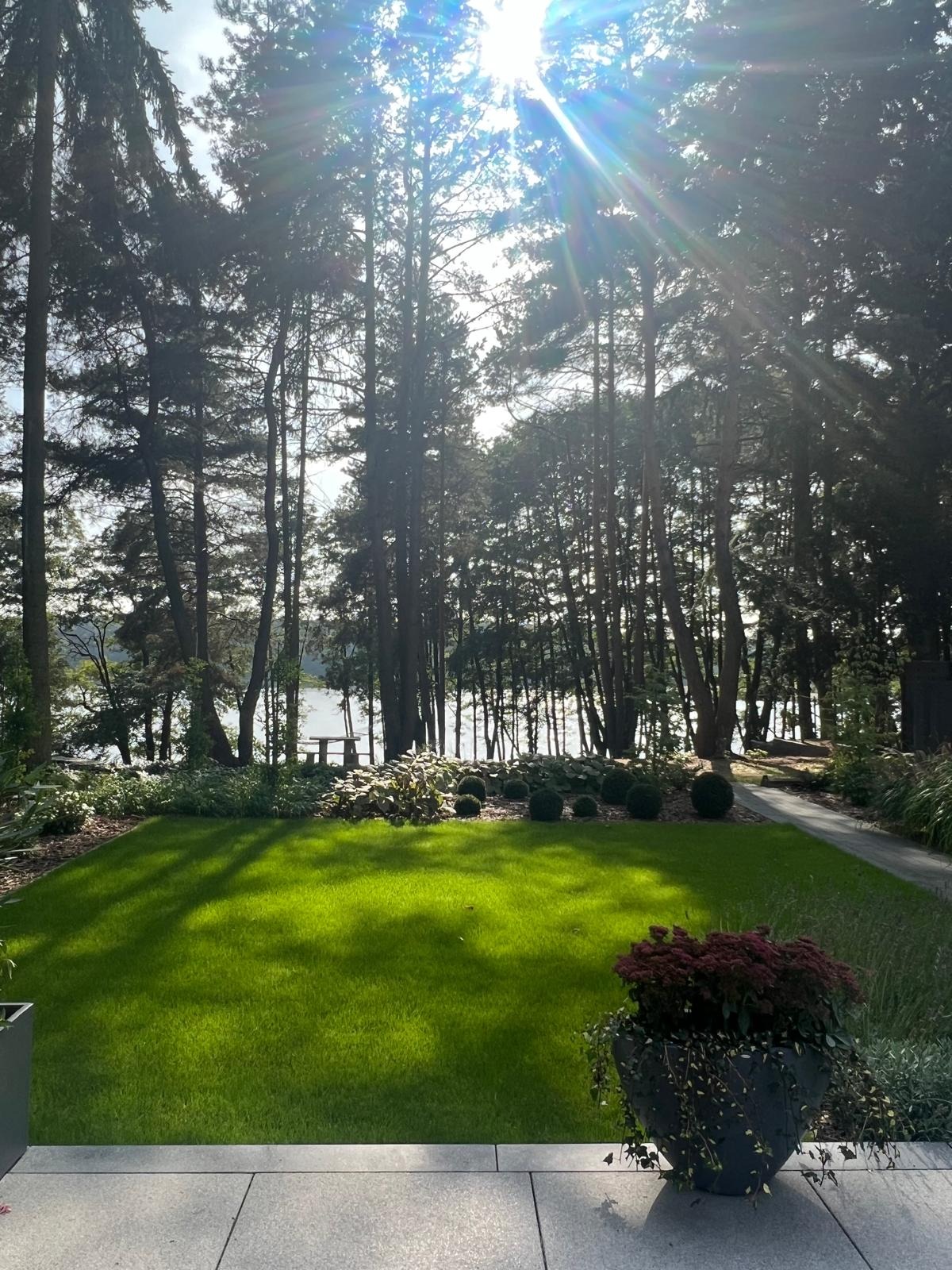 Wygląd ogrodu z idealnie skoszoną trawą, kulistymi krzewami i widokiem na jezioro w tle, widziany z tarasu w słoneczny dzień.