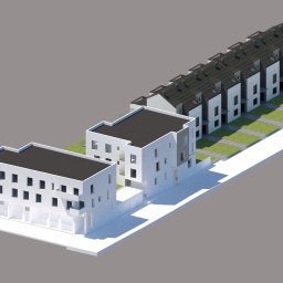 KORNEL KŁOS STUDIO QOS - Wizualizacja osiedla szeregowego i willi miejskiej z garażami, widziana z góry. Białe budynki z czarnymi dachami na szarym tle. Elementy zieleni pomiędzy budynkami.