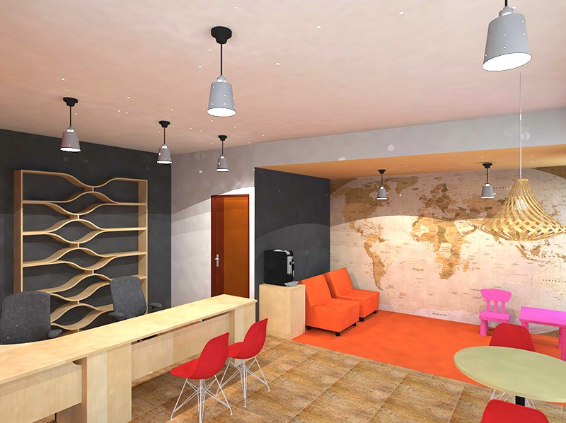 Wizualizacja wnętrza biura podróży z mapą świata na ścianie, nowoczesnym regałem i kolorowymi meblami. Widoczne oświetlenie punktowe i designerskie lampy wiszące.