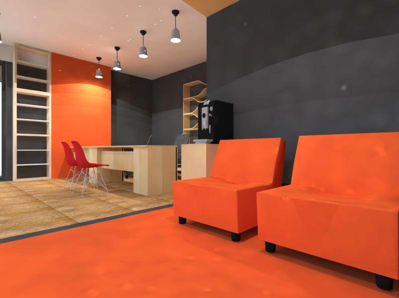 Nowoczesne wnętrze biura podróży z pomarańczowymi fotelami, biurkiem i regałem. Minimalistyczny design z akcentami kolorystycznymi i oświetleniem sufitowym.