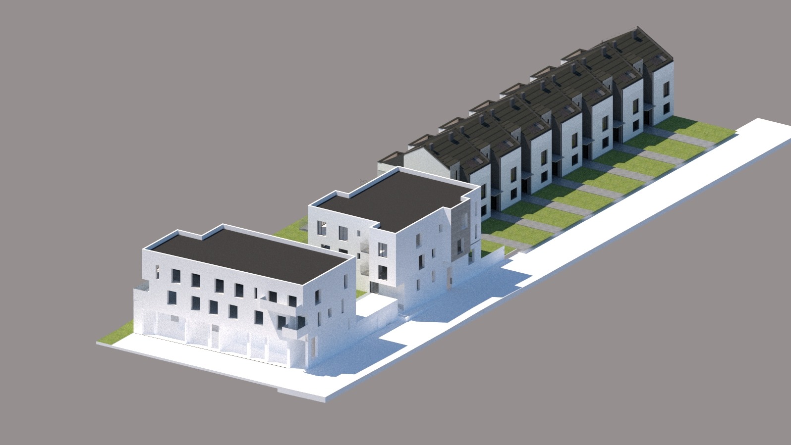 Wizualizacja osiedla szeregowego i willi miejskiej z garażami, widziana z góry. Białe budynki z czarnymi dachami na szarym tle. Elementy zieleni pomiędzy budynkami.