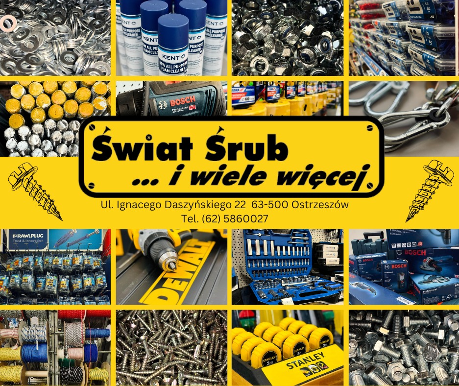 Kompozycja różnych produktów: śruby, wkręty, nakrętki, narzędzia (wiertarka, skrzynka z narzędziami), liny, preparaty czyszczące; na żółtym tle z nazwą firmy 'Świat Śrub' i danymi kontaktowymi.