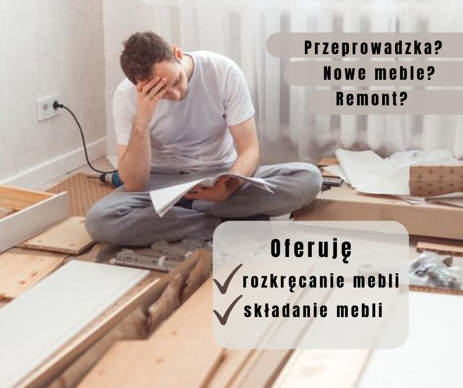 Mężczyzna siedzi na podłodze, z ręką na czole, spoglądając na instrukcję składania mebli, obok rozłożone elementy i narzędzia.