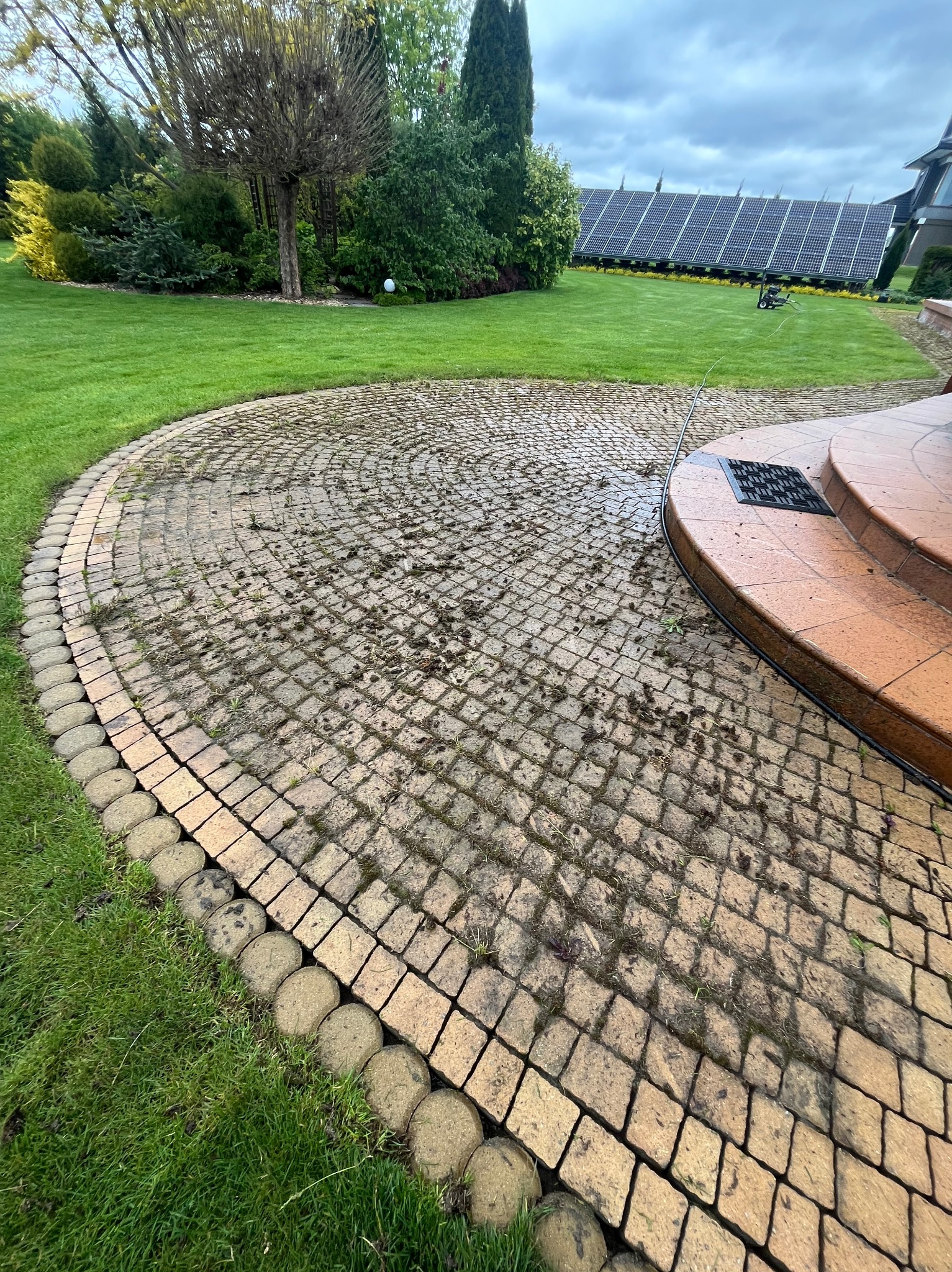 Zaniedbana kostka brukowa na podjeździe, pokryta mchem i zabrudzeniami, czeka na profesjonalne czyszczenie. W tle widoczne panele słoneczne i zadbany trawnik.