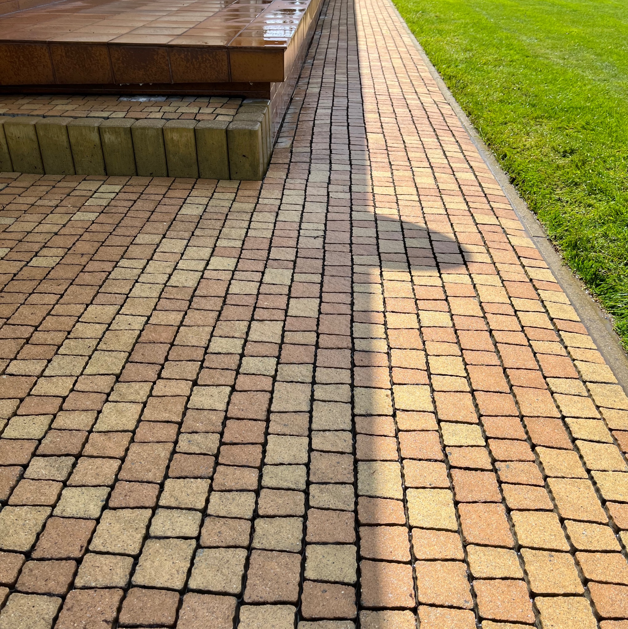 Umyta kostka brukowa w odcieniach beżu i brązu, prowadząca od schodów do trawnika. Widoczne ślady wilgoci po myciu, podkreślające czystość.