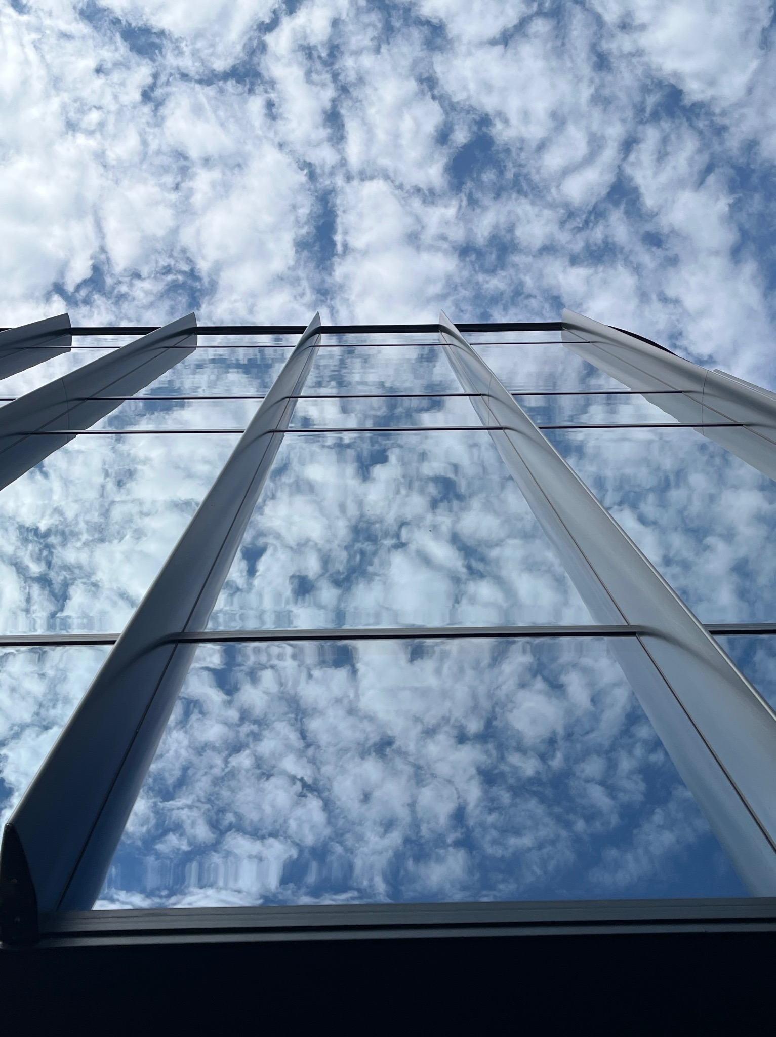 Szklana fasada budynku biurowego, odbijająca błękitne niebo z chmurami. Widok z dołu, pionowe linie podziału okien.