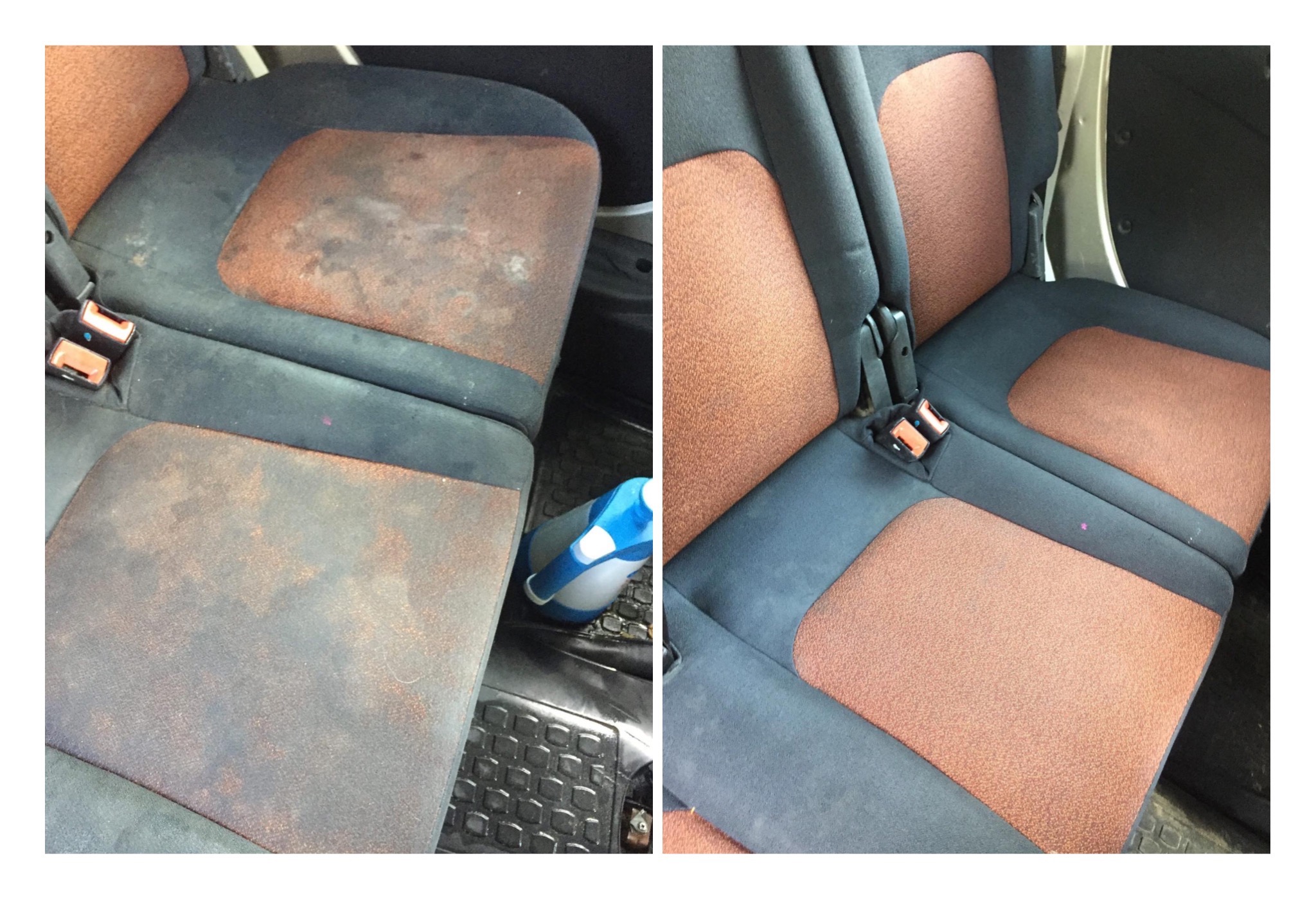 Porównanie: zabrudzone i wyczyszczone siedzenie samochodowe z brązowo-czarną tapicerką, widoczne pozostałości po czyszczeniu na podłodze.