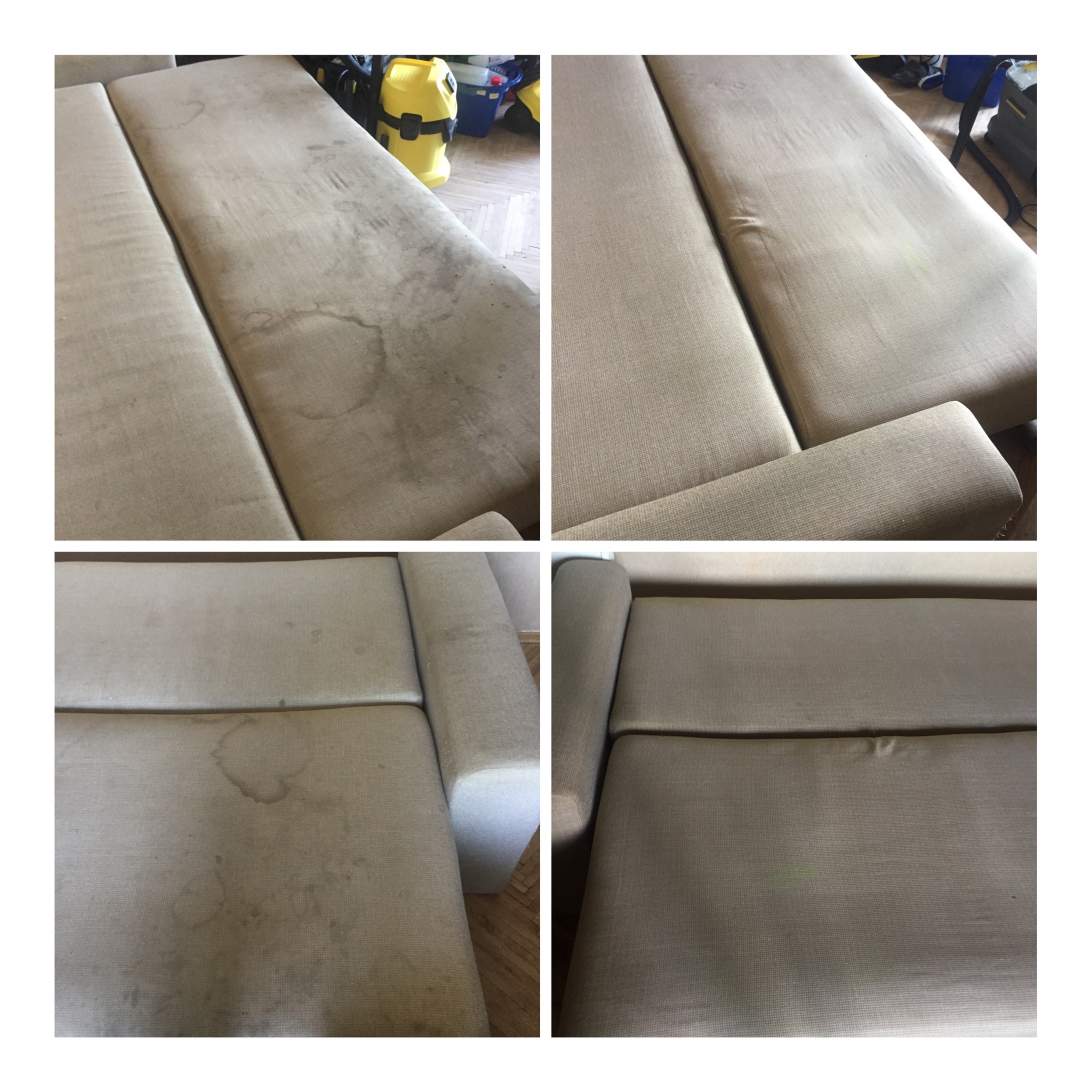Kolaż przedstawiający fragment beżowej kanapy przed i po czyszczeniu, z widocznymi plamami i różnicą w odcieniu materiału. W tle widoczny odkurzacz piorący.