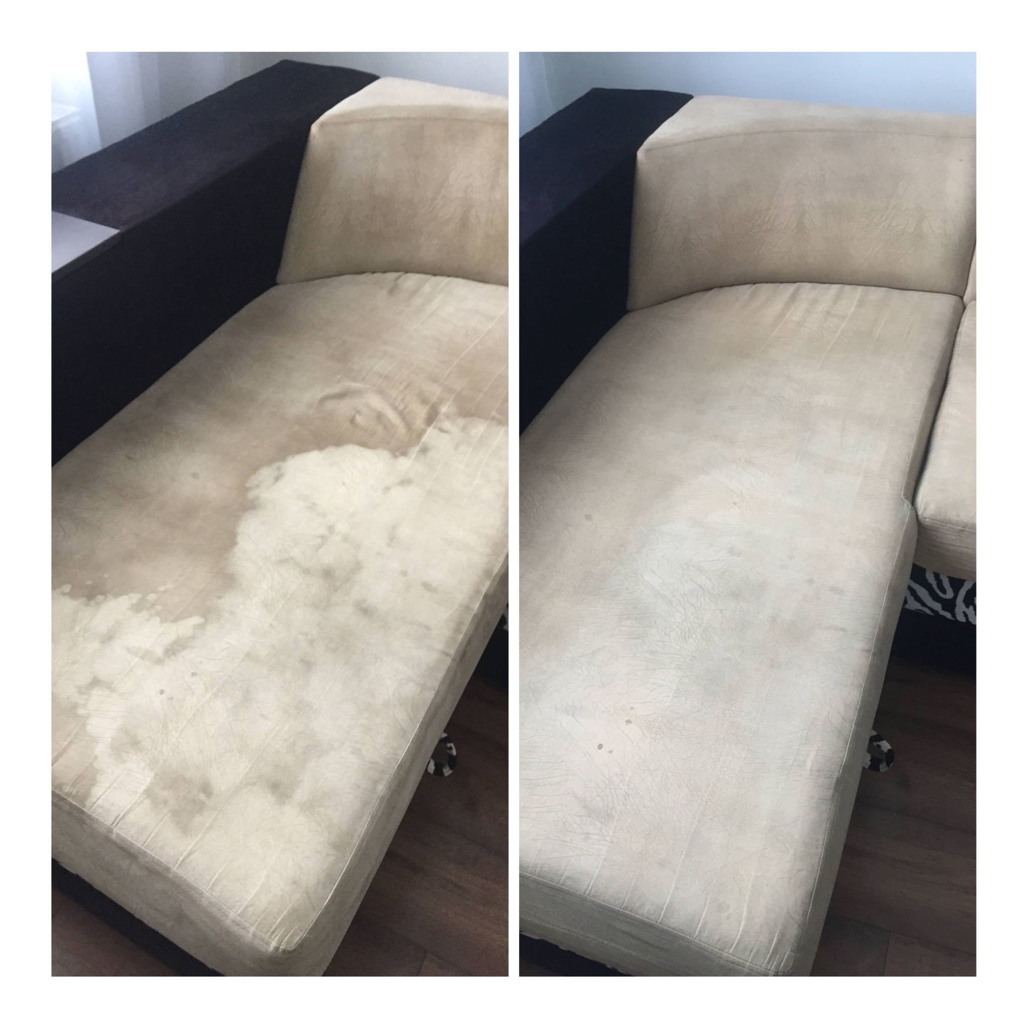 Porównanie stanu kanapy przed i po czyszczeniu w Gdańsku, widoczne znaczne usunięcie plam z jasnej tapicerki.