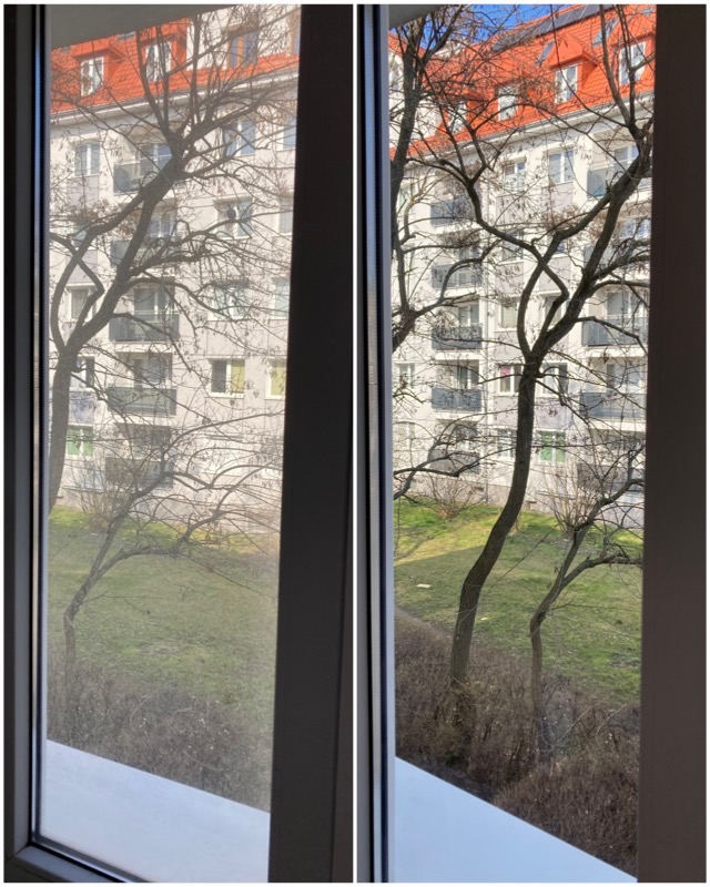 Porównanie: Okno po lewej stronie brudne, po prawej umyte, widok na budynek z czerwoną dachówką i drzewa bez liści.