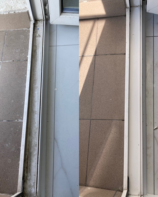 Porównanie stanu progu drzwi balkonowych przed i po czyszczeniu: widoczne zabrudzenia i pleśń usunięte z brązowych i białych płytek oraz białej ramy drzwiowej.
