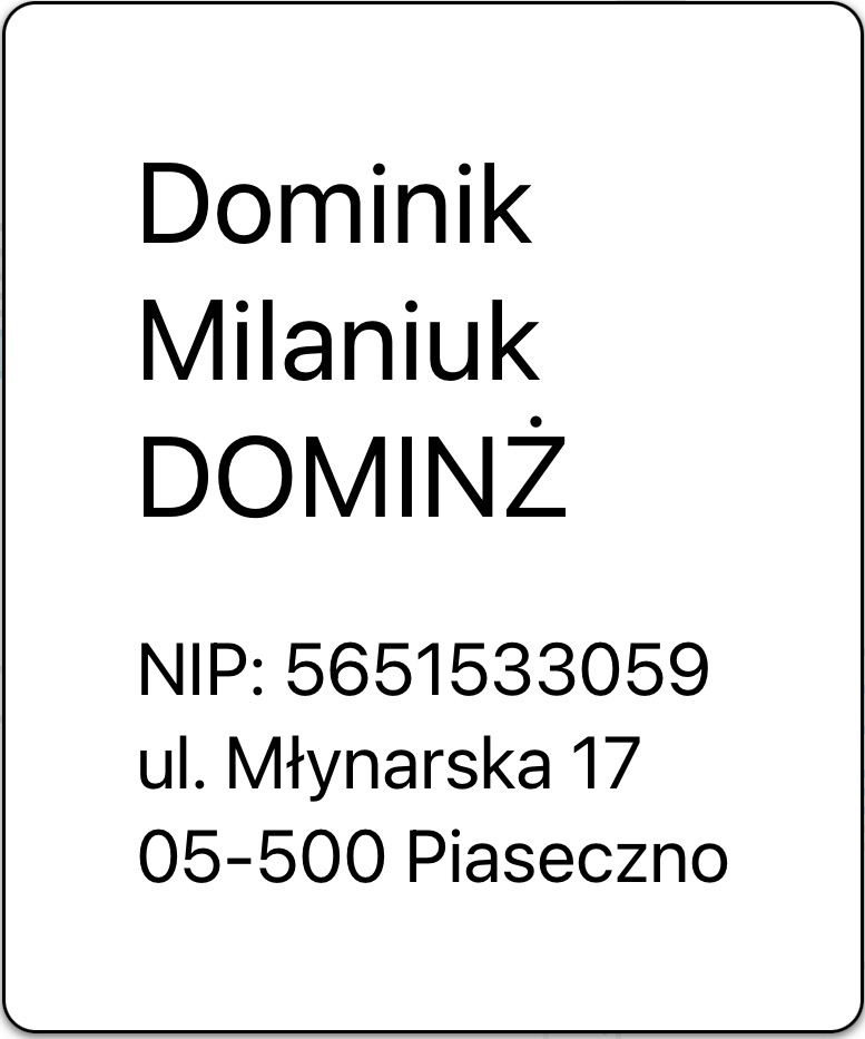 Wizytówka z danymi firmy: Imię i Nazwisko, NIP, adres w Piasecznie.