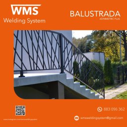 WMS Group Poland Sp. z o.o. - Nowoczesna balustrada schodowa z asymetrycznym wzorem krzyżujących się metalowych prętów, zamontowana na betonowych schodach zewnętrznych prowadzących do ogrodu.