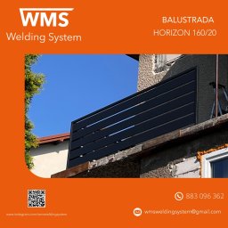 WMS Group Poland Sp. z o.o. - Czarna, pozioma balustrada balkonowa HORIZON 160/20 zamontowana na tle jasnego nieba i fragmentu budynku z drabiną.