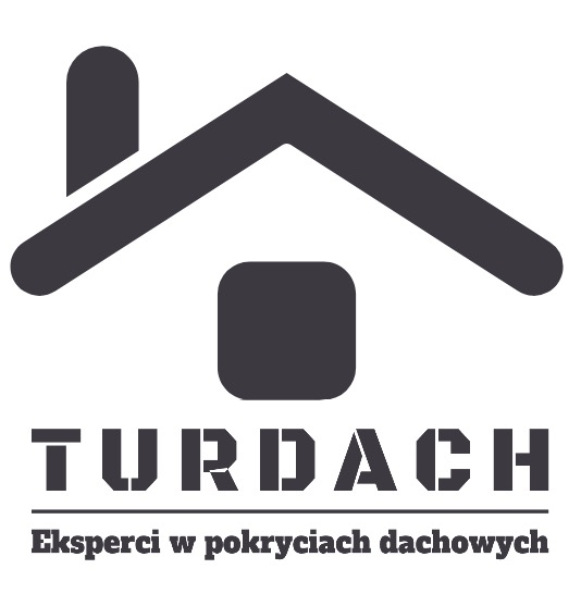 Logo firmy TURDACH, stylizowane na szablon, z ikoną domu i hasłem 'Eksperci w pokryciach dachowych'.
