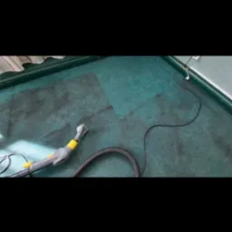 Fragment zielonego dywanu z widoczną różnicą w czystości po użyciu odkurzacza piorącego z dyszą i wężem.