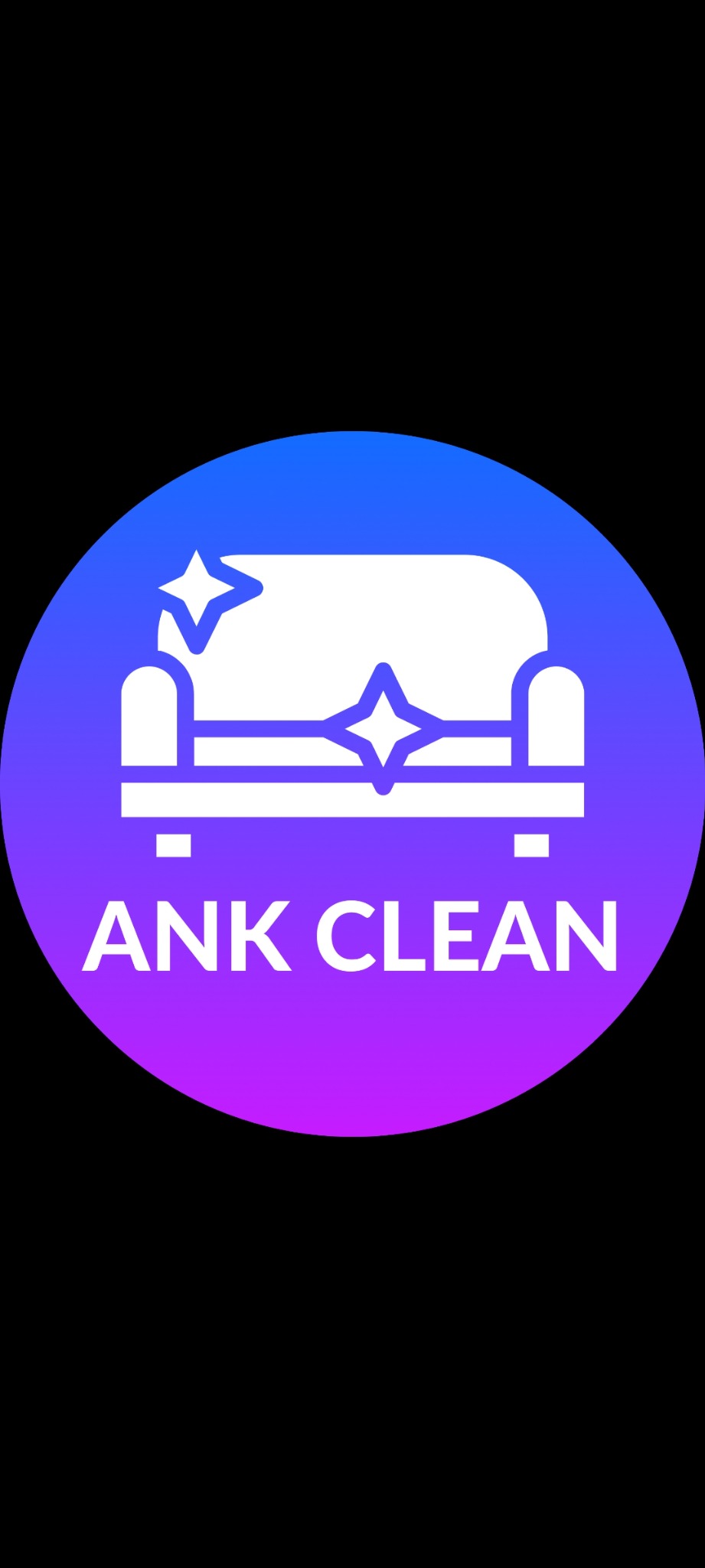 Logo firmy ANK CLEAN przedstawiające stylizowaną, białą kanapę z błyszczącymi detalami na tle gradientowego, niebiesko-fioletowego okręgu.