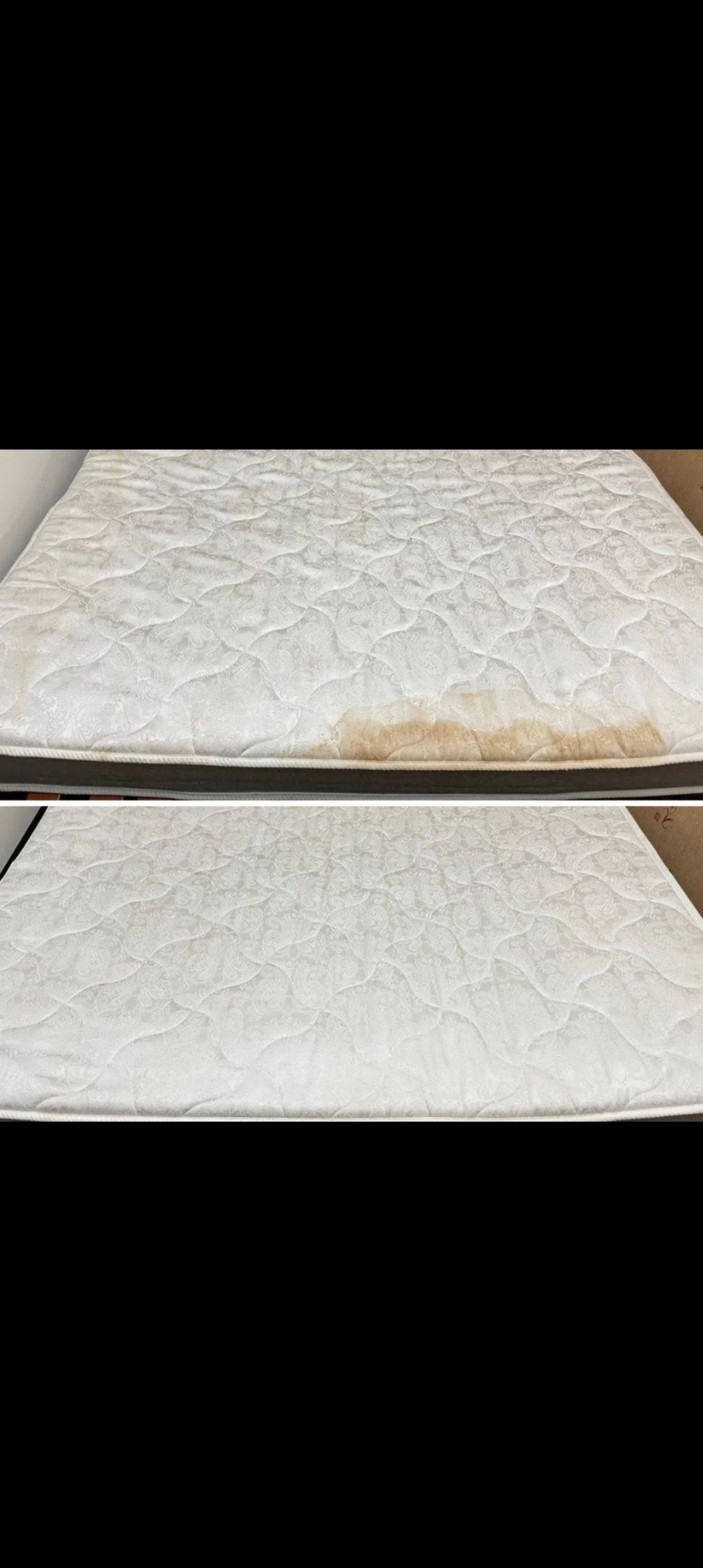 Porównanie stanu materaca przed i po czyszczeniu: widoczne wyraźne usunięcie uporczywych plam z powierzchni.