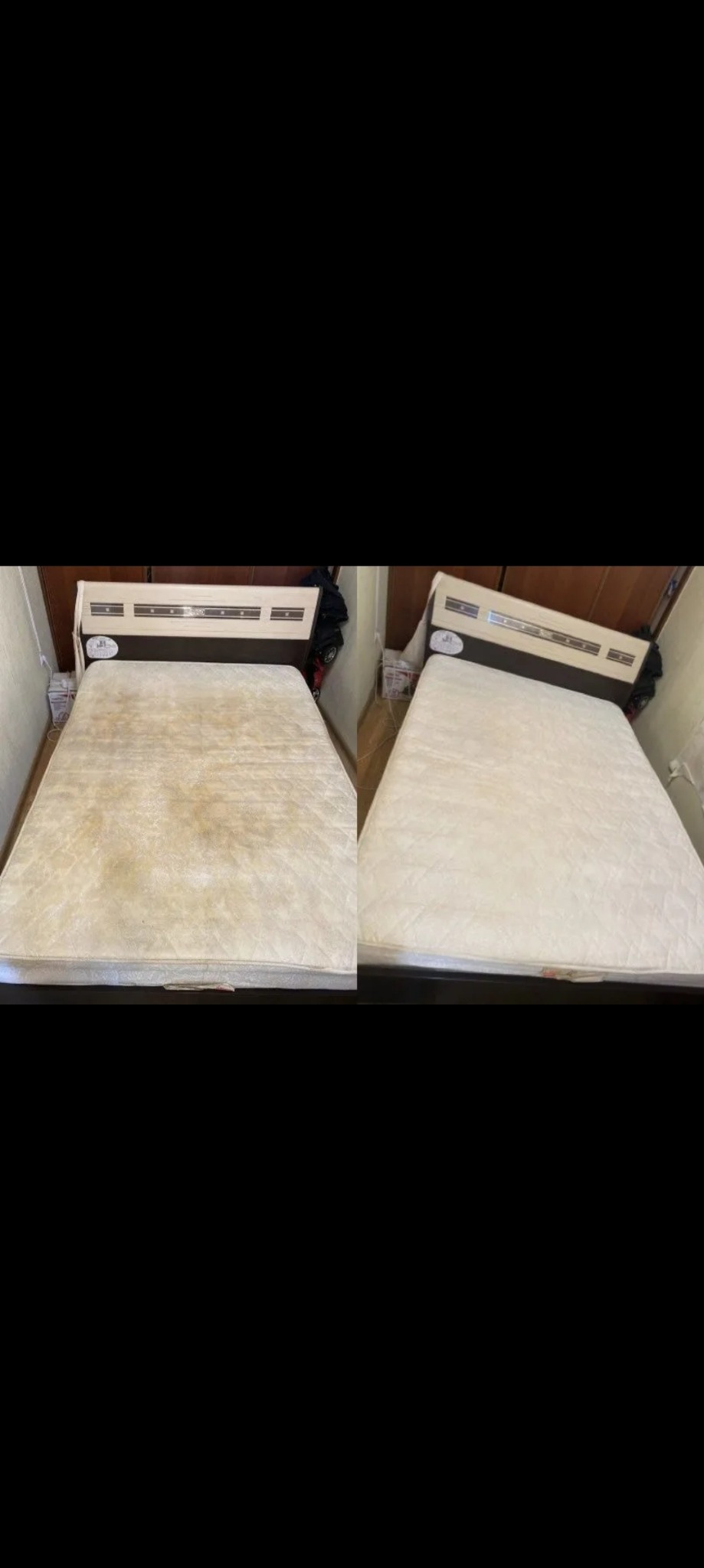 Materac na łóżku z widocznymi plamami po lewej stronie i czysty materac po prawej stronie, ukazujący efekt czyszczenia.