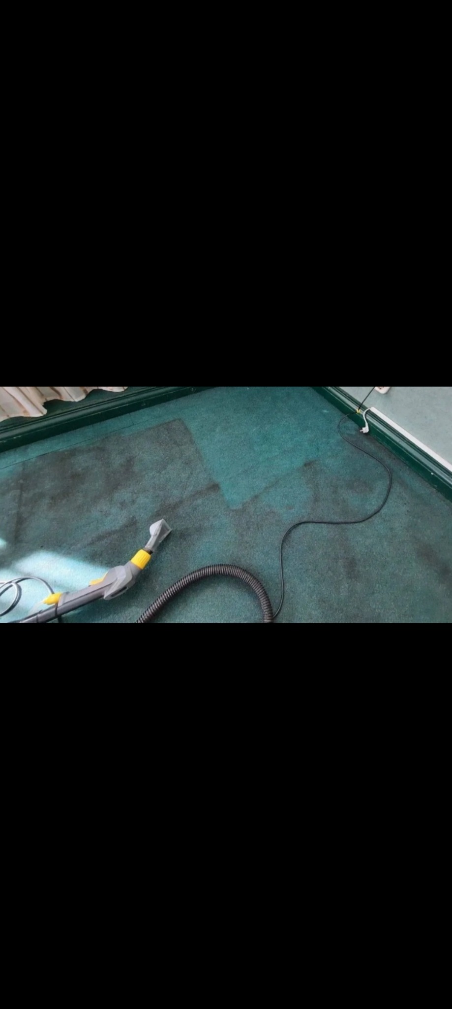 Fragment zielonego dywanu z widoczną różnicą w czystości po użyciu odkurzacza piorącego z dyszą i wężem.