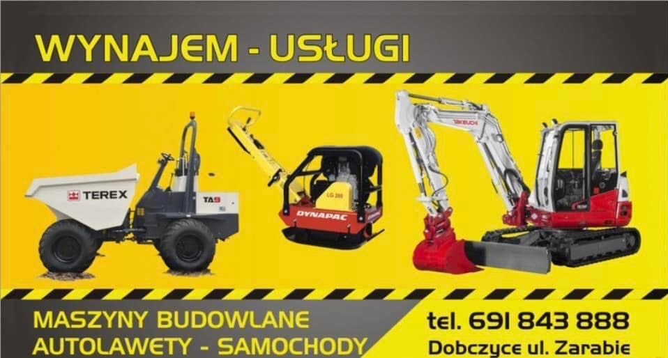 Kompozycja graficzna przedstawiająca różne maszyny budowlane: wywrotka Terex, zagęszczarka Dynapac LG 200 i minikoparka Takeuchi, na żółtym tle z informacją o wynajmie i usługach oraz danymi...