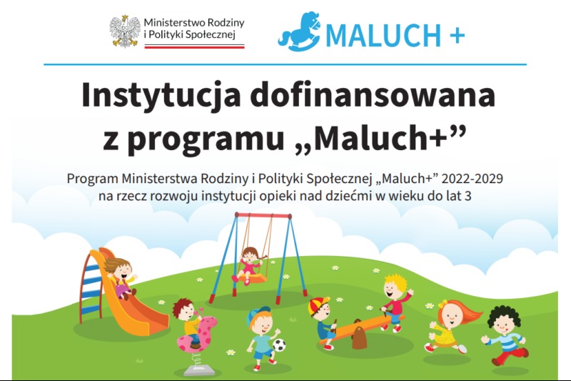 Ilustracja przedstawiająca dofinansowanie instytucji z programu 'Maluch+', z rysunkami dzieci bawiących się na placu zabaw, w tym na zjeżdżalni, huśtawce i koniku na sprężynie.