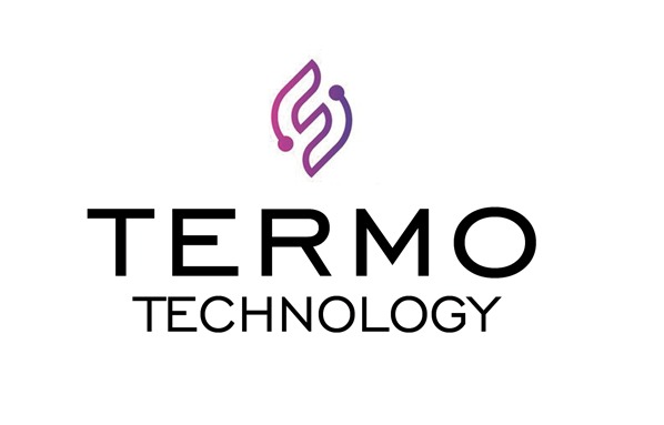 Logo firmy Termo Technology z abstrakcyjnym symbolem płomienia w odcieniach fioletu i różu, zintegrowanym z elementami elektronicznymi.