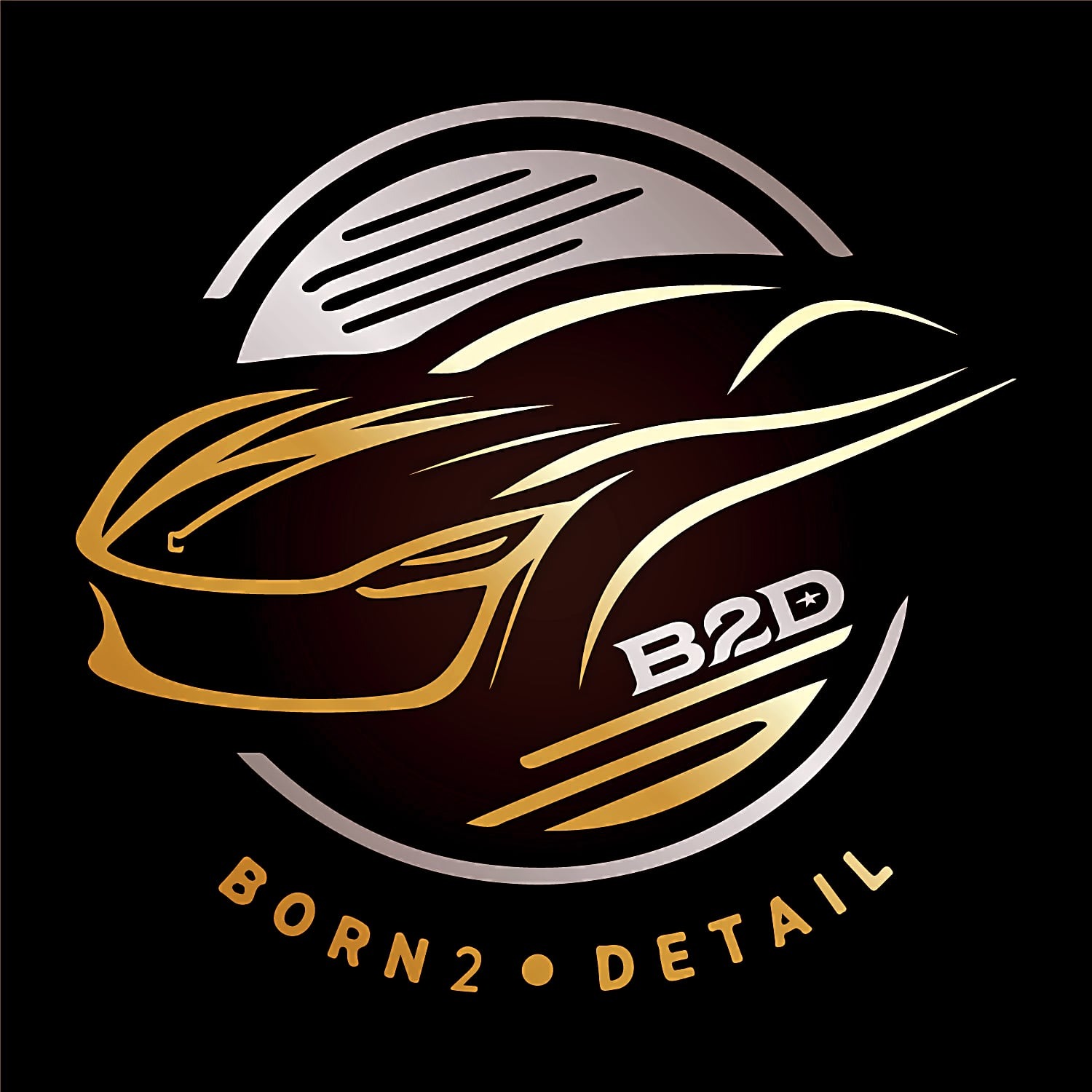 Stylizowane logo firmy detailingowej Born 2 Detail, przedstawiające zarys samochodu w kolorach złotym i srebrnym na czarnym tle.