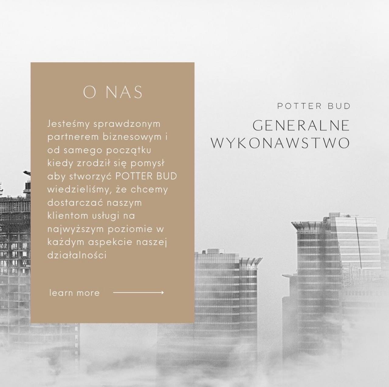 Reklamowa grafika firmy Potter Bud zajmującej się generalnym wykonawstwem, z tekstem 'O nas' i wizualizacją budynków w tle.