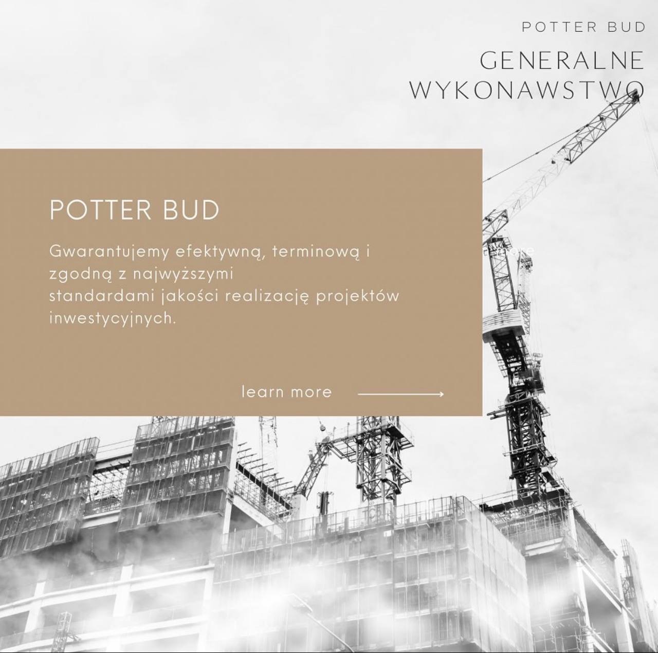 Budowa w toku: żuraw wieżowy góruje nad szkieletem budynku, z reklamą firmy budowlanej POTTER BUD oferującej efektywną realizację projektów inwestycyjnych.