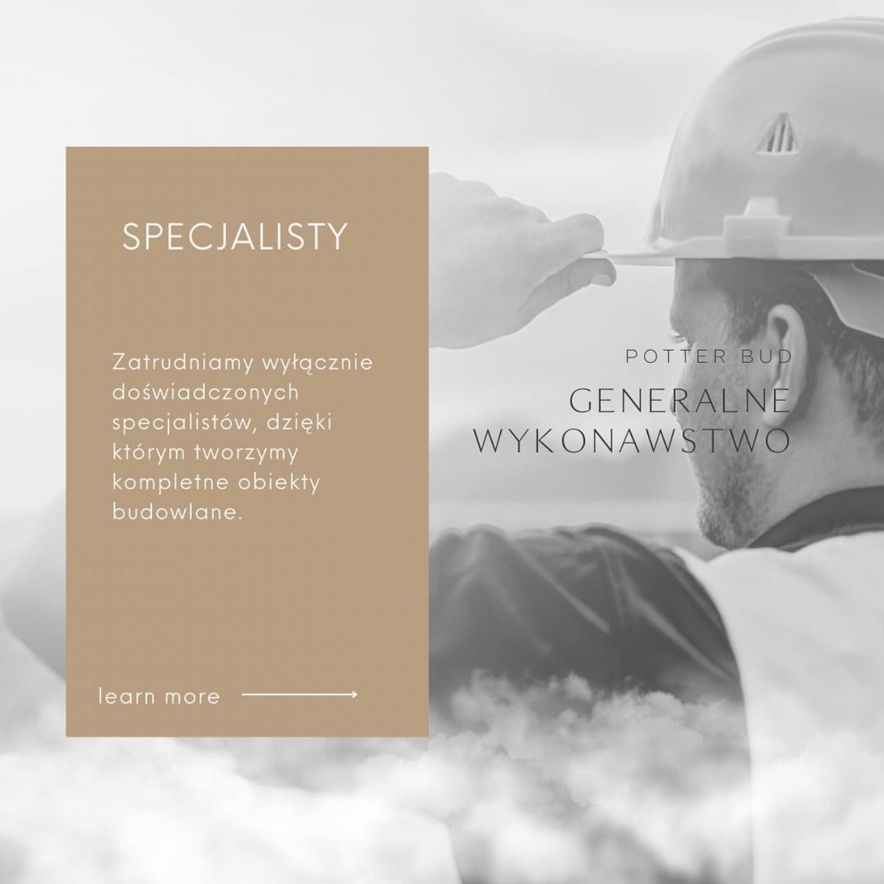 Mężczyzna w kasku budowlanym, profil, z tekstem 'Potter Bud Generalne Wykonawstwo' i informacją o zatrudnianiu specjalistów do budowy obiektów budowlanych.