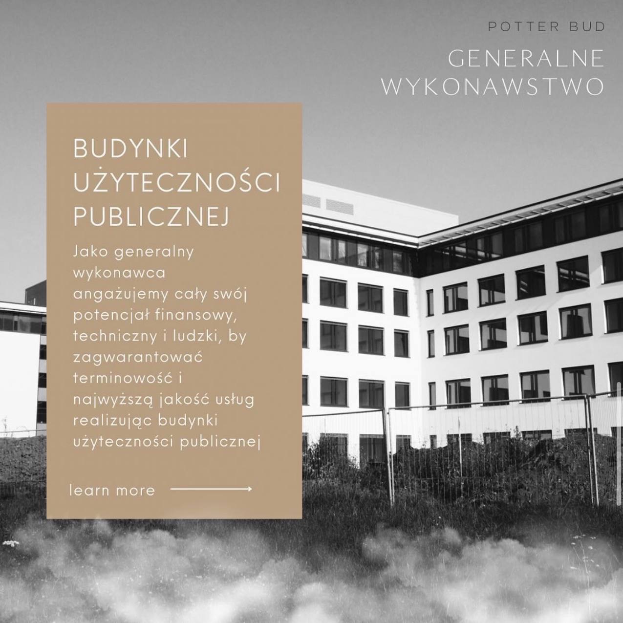 Grafika reklamowa firmy budowlanej Potter Bud prezentująca budynek użyteczności publicznej w minimalistycznej czarno-białej estetyce, z tekstem informującym o realizacji budynków użyteczności...