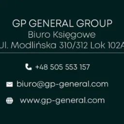Wizytówka firmy GP General Group z adresem biura księgowego, numerem telefonu, adresem e-mail i stroną internetową na ciemnym tle.